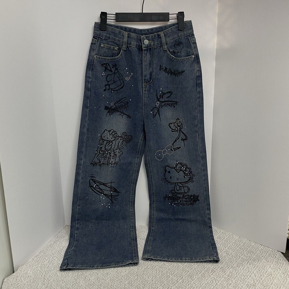 Hello Kitty Girls L Wide Leg Graffiti Art Rhinestone Blue Denim Jeans **READ**